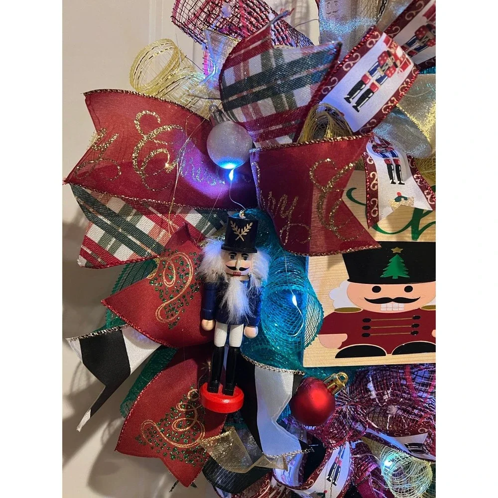 Christmas Nutcracker Holiday Ribbon Door Wreath Handmade 22 ins LED W3